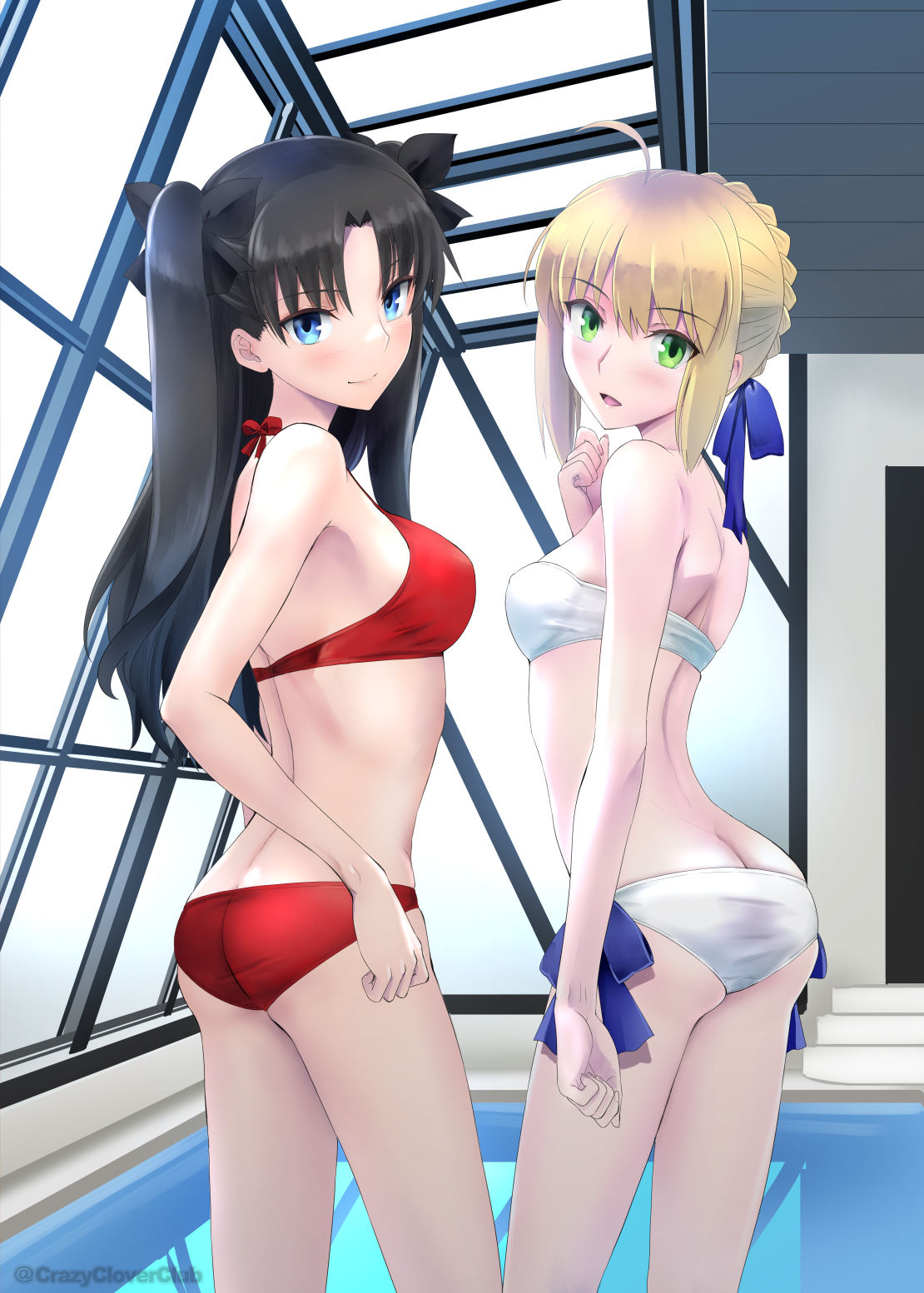 2girls ahoge artoria_pendragon_(fate) ass bikini black_eyebrows black_hair blonde_hair blue_eyes breasts cowboy_shot eyebrows eyebrows_visible_through_hair eyes fate/hollow_ataraxia fate/stay_night fate_(series) feet_out_of_frame green_eyes hair hair_bun highres indoors legs legs_apart long_hair looking_at_viewer looking_back medium_breasts multiple_girls pool poolside rei_no_pool saber shirotsumekusa short_hair small_breasts smile standing swimsuit thighs tohsaka_rin two_side_up