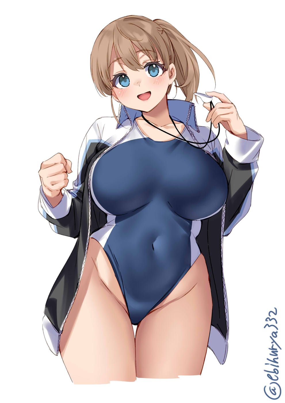 1girl bangs blue_eyes blue_swimsuit blush breasts clenched_hand collarbone collared_jacket competition_swimsuit covered_navel cowboy_shot cropped_legs ebifurya eyebrows_visible_through_hair foreshortening groin hands_up highleg highleg_swimsuit highres holding intrepid_(kancolle) jacket kantai_collection large_breasts long_sleeves looking_at_viewer one-hour_drawing_challenge one-piece_swimsuit open_clothes open_jacket open_mouth ponytail simple_background smile solo swimsuit thigh_gap thighs twitter_username two-tone_swimsuit whistle white_background wide_hips zipper