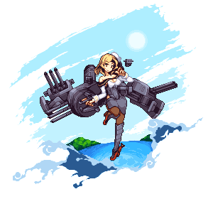 1girl armored_boots black_skirt blonde_hair boots breasts commentary_request day hat houston_(kancolle) kantai_collection large_breasts leg_up long_sleeves lowres ocean outdoors pantyhose pencil_skirt pixel_art rigging rudder_footwear skirt warabin_(suteki_denpun) white_headwear