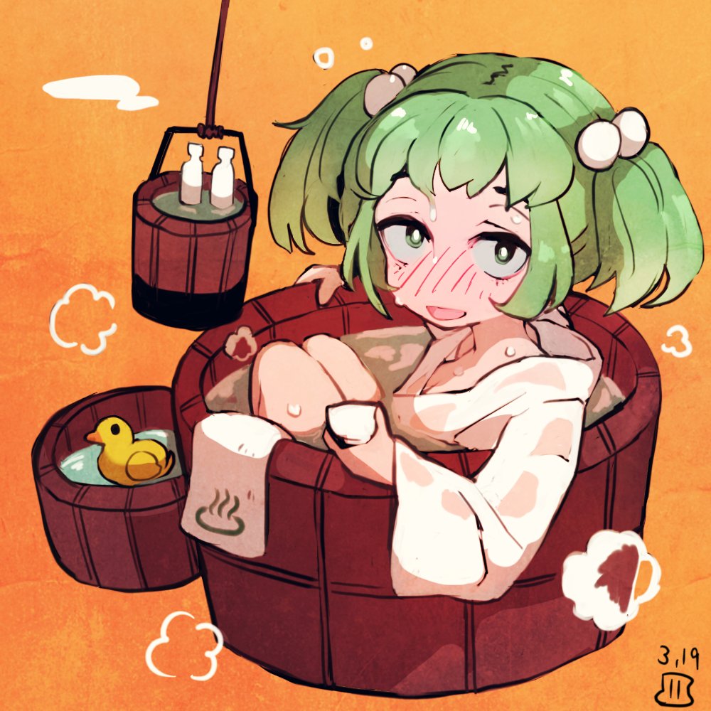 1girl alcohol blush bucket commentary cup dated drunk green_eyes green_hair hair_bobbles hair_ornament holding holding_cup in_bucket in_container japanese_clothes kimono kisume legs_folded long_sleeves maaru_(akira428) medium_hair one-hour_drawing_challenge open_mouth rubber_duck sake solo sweat touhou white_kimono wide_sleeves