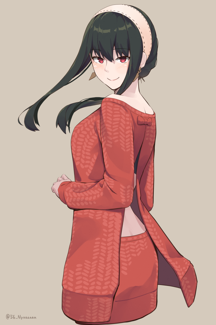 1girl back_cutout befu black_hair blush bow closed_mouth clothing_cutout earrings hairband highres jewelry long_sleeves looking_at_viewer red_bow red_eyes red_sweater sidelocks solo spy_x_family sweater yor_briar