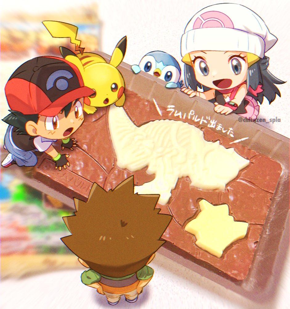 1girl 2boys all_fours ash_ketchum bangs baseball_cap beanie black_hair brock_(pokemon) brown_eyes brown_hair chibi chitozen_(pri_zen) commentary_request fingerless_gloves gloves grey_pants hair_ornament hairclip hands_on_hips hat hikari_(pokemon) jacket long_hair multiple_boys pants pikachu pink_scarf pink_skirt piplup pokemon pokemon_(anime) pokemon_(creature) pokemon_dppt_(anime) red_headwear scarf shirt shoes short_hair short_sleeves skirt sleeveless sleeveless_shirt spiky_hair twitter_username watermark white_headwear