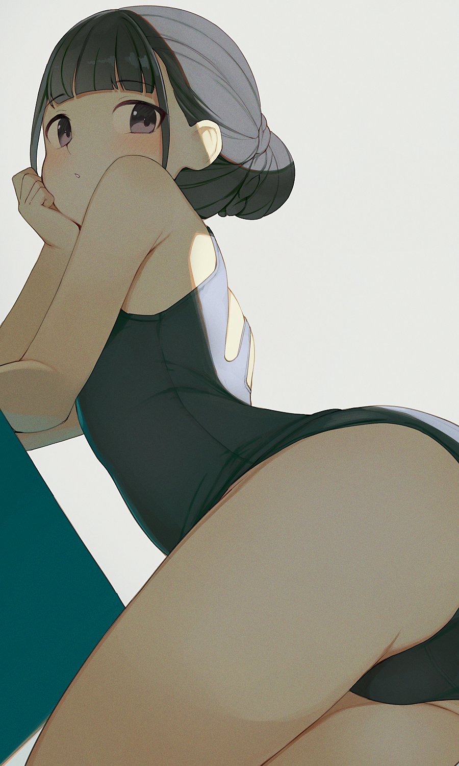 1girl arm_support ass back bangs black_hair blue_swimsuit blush braid braided_bun chestnut_mouth crotch eyebrows_visible_through_hair flat_chest from_below hair_bun hand_on_own_face highres hiroki_(yyqw7151) looking_at_viewer looking_back original school_swimsuit shadow swimsuit thighs violet_eyes white_background