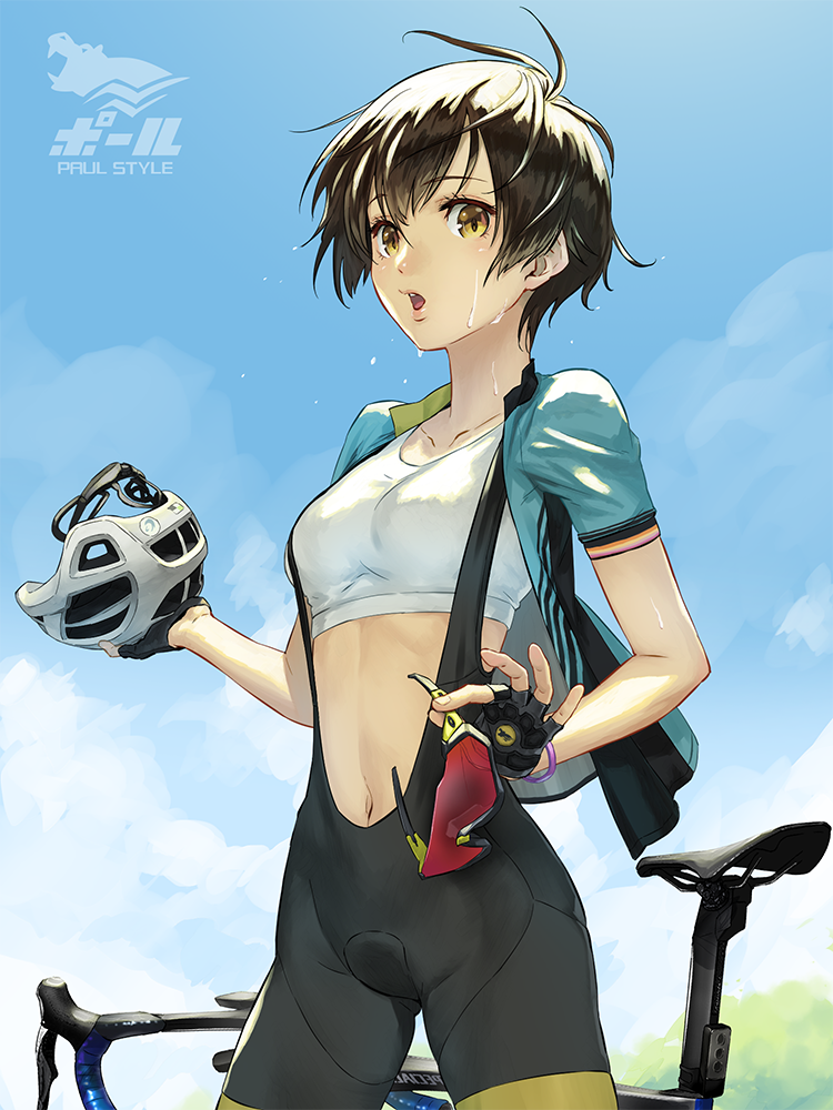 1girl :o aqua_jacket bicycle bicycle_helmet black_gloves blue_sky blush breasts brown_hair commentary_request cowboy_shot crop_top day eyewear_removed fingerless_gloves fukukitaru gloves ground_vehicle helmet holding holding_eyewear holding_helmet jacket looking_at_viewer medium_breasts navel open_clothes open_jacket open_mouth original outdoors over-rim_eyewear red-tined_eyewear semi-rimless_eyewear shirt short_hair short_sleeves sky solo sunglasses sweat white_shirt yellow_eyes