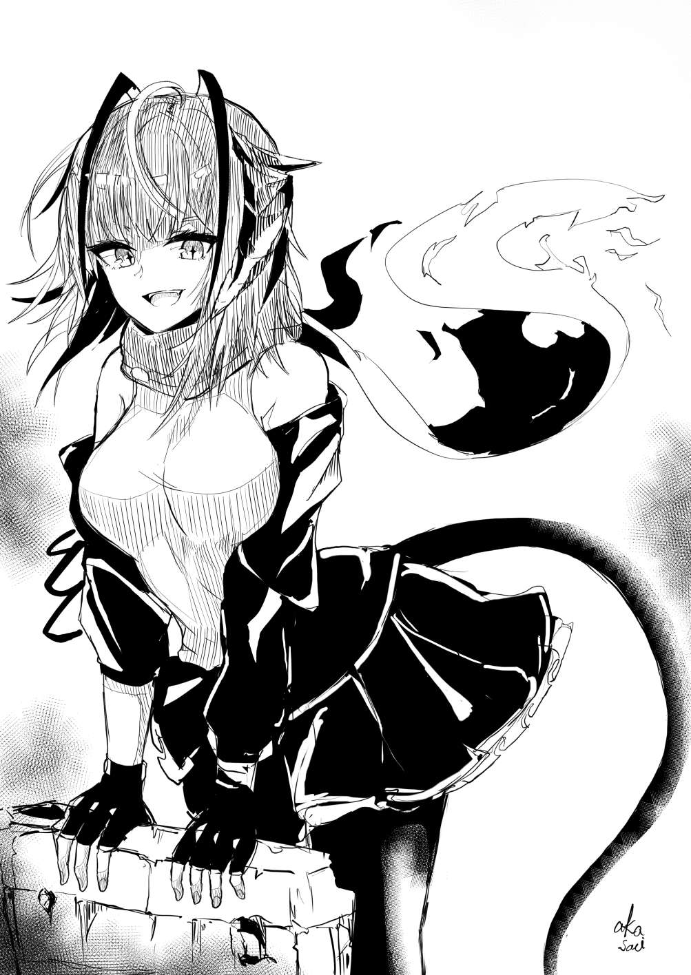 +_+ 1girl :d akasabi antenna_hair arknights bangs bare_shoulders breasts demon_girl demon_horns demon_tail eyebrows_visible_through_hair greyscale highres horns jacket large_breasts leaning_forward long_sleeves looking_at_viewer miniskirt monochrome multicolored_hair open_clothes open_jacket open_mouth pantyhose scarf shirt short_hair signature skirt smile solo tail tail_through_clothes two-tone_hair w_(arknights)