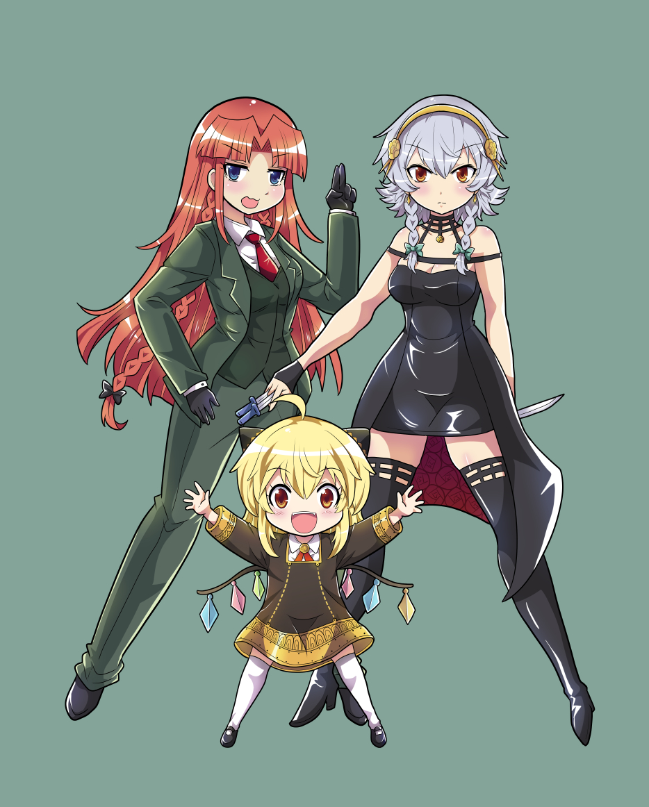 3girls anya_(spy_x_family) anya_(spy_x_family)_(cosplay) arms_up between_fingers blonde_hair blue_eyes bow braid breasts brown_eyes chibi colonel_aki commentary cosplay dress fingerless_gloves flandre_scarlet formal gloves green_suit hair_bow hairband hand_on_hip holding holding_knife holding_weapon hong_meiling izayoi_sakuya knife large_breasts long_hair long_sleeves multiple_girls necktie open_mouth pants redhead short_hair silver_hair smile spy_x_family strapless strapless_dress suit thigh-highs touhou twilight_(spy_x_family) twilight_(spy_x_family)_(cosplay) twin_braids weapon wings yor_briar yor_briar_(cosplay)