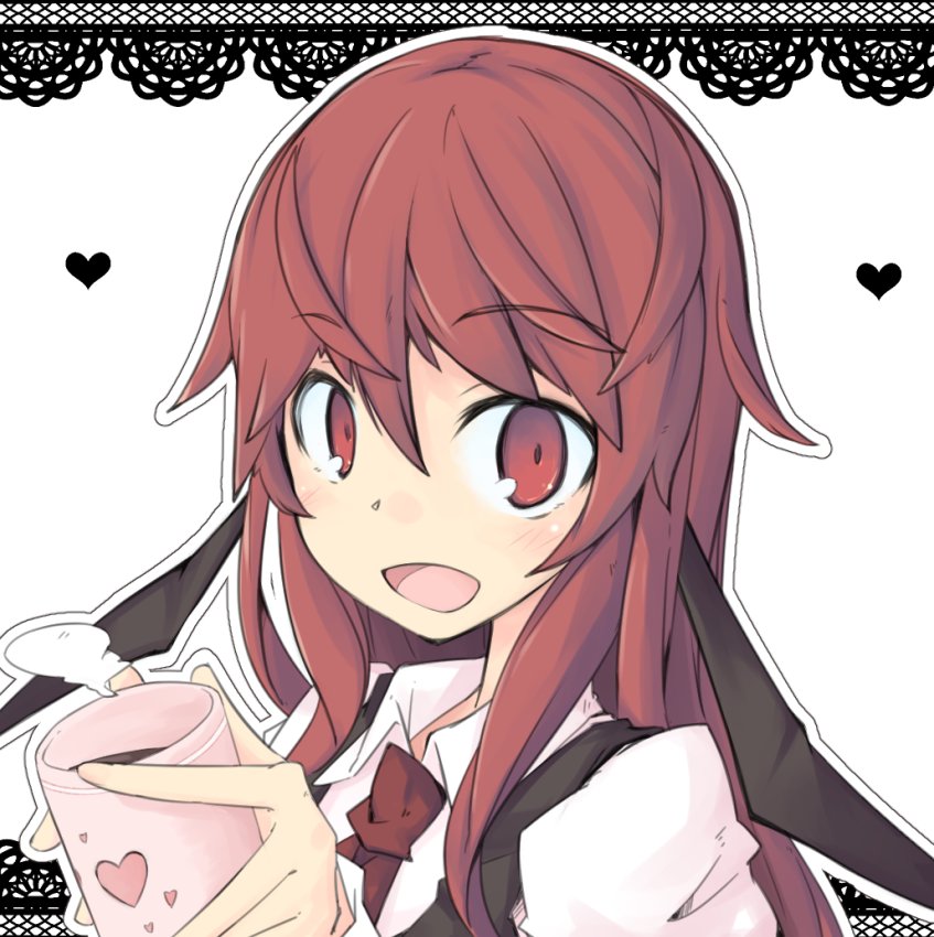 1girl :d ayase_yuuki_(mikan_mochi) bat_wings black_outline black_vest blush collared_shirt cup dot_nose eyebrows_visible_through_hair hair_between_eyes head_wings heart holding holding_cup koakuma lace_border long_hair long_sleeves looking_at_viewer necktie outline red_eyes red_necktie redhead shirt sidelocks simple_background smile solo steam touhou upper_body vest white_background white_outline white_shirt wings