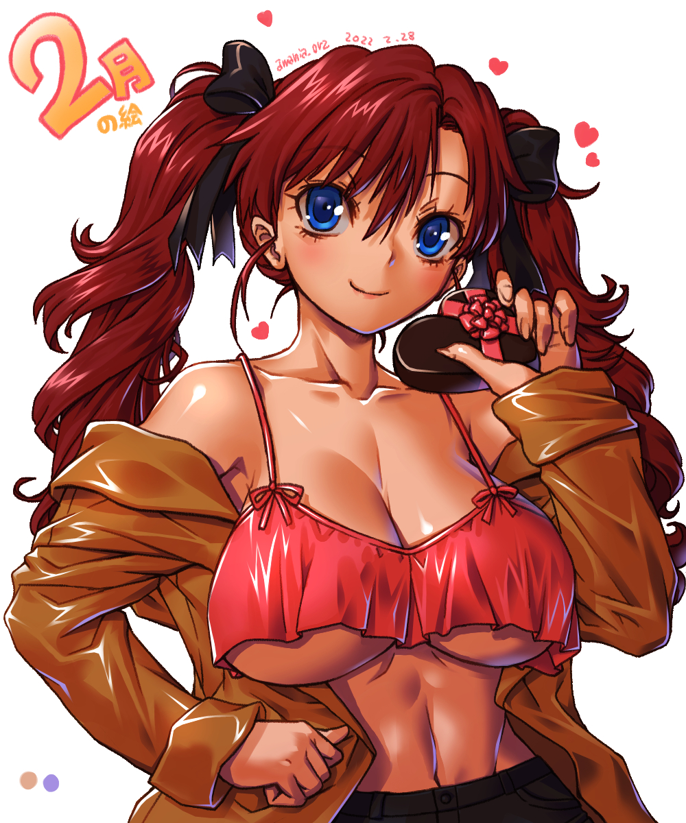 1girl amania_orz artist_name bangs blush breasts brown_hair brown_jacket camisole commentary_request copyright_request crop_top dated hair_between_eyes hand_up heart highres jacket large_breasts long_hair midriff navel pink_camisole smile solo twintails under_boob undersized_clothes