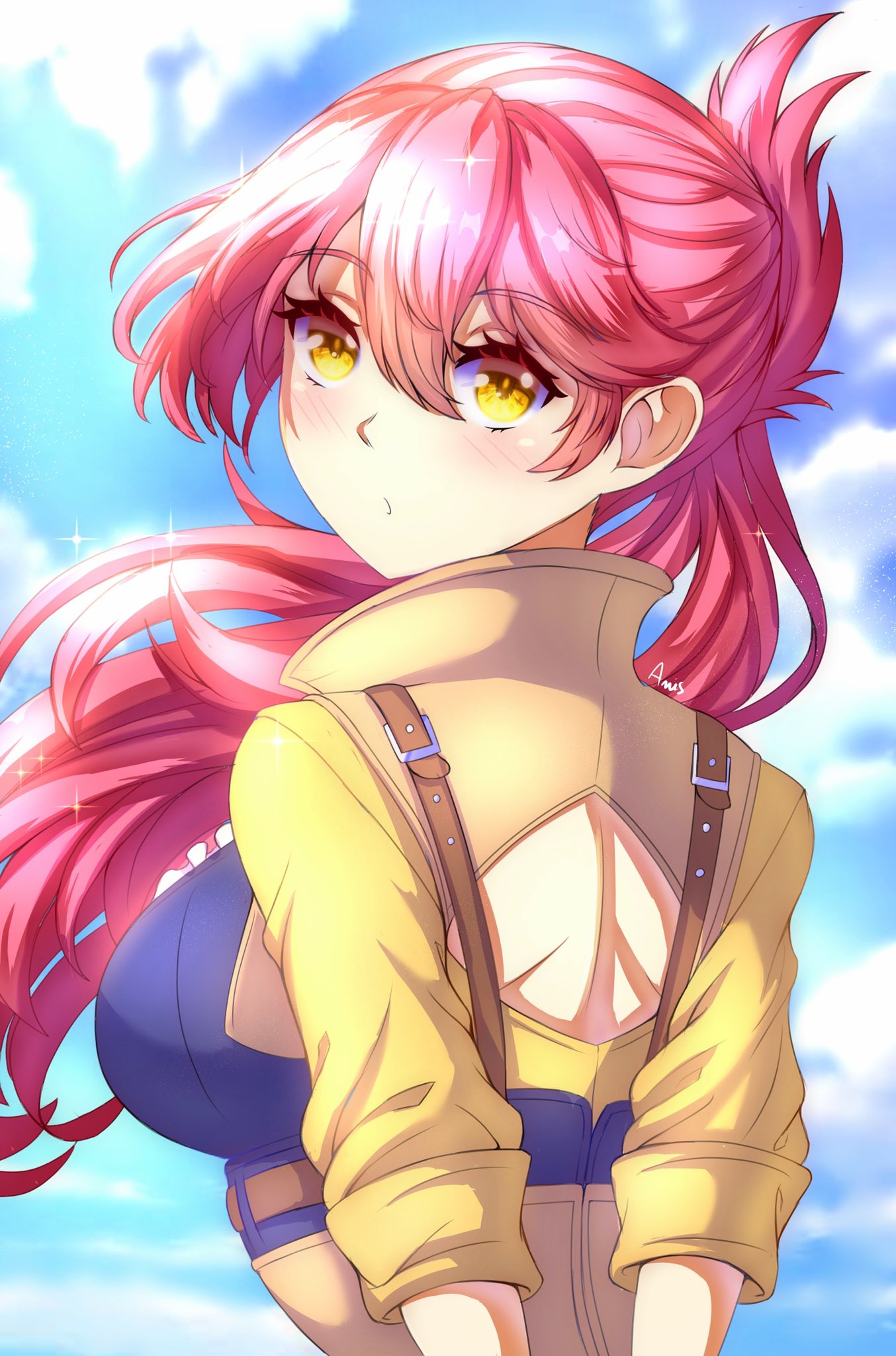 1girl anisdrawn back bangs belt blue_sky blush breasts chest_belt clouds cloudy_sky commission day eiyuu_densetsu eyebrows_visible_through_hair highres large_breasts long_hair looking_at_viewer looking_back pink_hair ponytail sara_valestein sen_no_kiseki sen_no_kiseki_iii sen_no_kiseki_iv signature sky solo sparkle very_long_hair yellow_eyes
