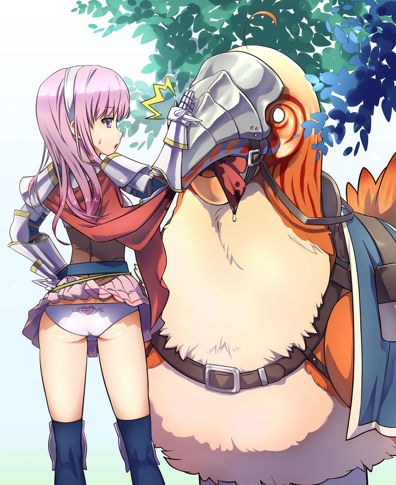 1girl accidental_exposure animal armor ass bangs barding belt bird black_belt black_legwear cape commentary_request eyebrows_visible_through_hair feet_out_of_frame gauntlets heart heart_panties heart_print kawagoe_pochi kneehighs long_hair looking_to_the_side lord_knight_(ragnarok_online) miniskirt open_mouth oversized_animal panties pauldrons peco_peco pink_eyes pink_hair pink_skirt print_panties ragnarok_online red_cape saddle shoulder_armor skirt spiked_gauntlets tree underwear white_panties