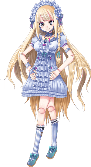 1girl artist_request bad_source bangs bisque_(monster_musume) blonde_hair blue_footwear blunt_bangs braid doll_joints dress eyebrows_visible_through_hair grey_eyes hairband joints lolita_fashion lolita_hairband long_hair mary_janes monster_musume_no_iru_nichijou monster_musume_no_iru_nichijou_online official_art shoes smile solo striped striped_legwear very_long_hair white_dress