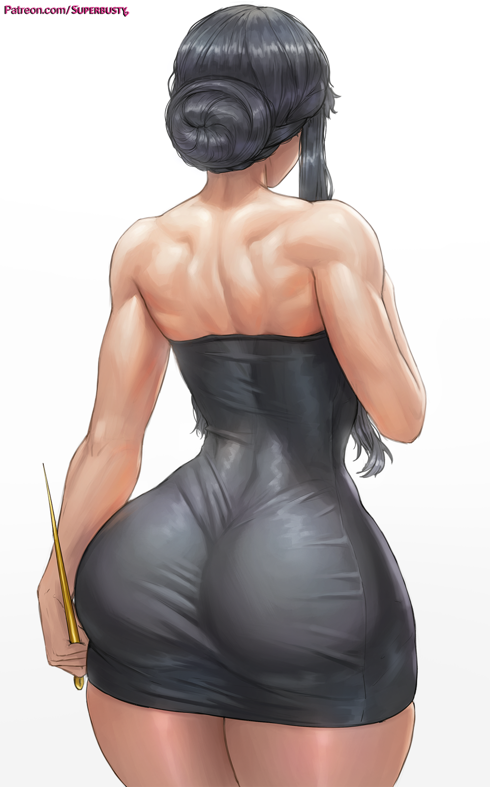 1girl ass bare_shoulders black_dress black_hair braid commentary dress from_behind hand_up highres holding holding_weapon legs_together long_hair nape patreon_username shiny shiny_hair shoulder_blades simple_background skin_tight skindentation solo spy_x_family strapless strapless_dress superbusty thick_thighs thighs weapon web_address white_background yor_briar