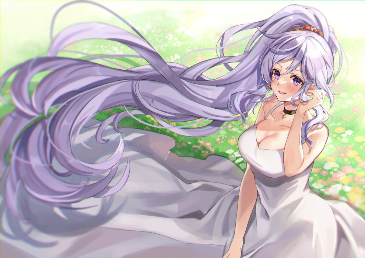 breasts chan_hone_pkpk choker commission commissioner_upload dress earrings field fire_emblem fire_emblem:_genealogy_of_the_holy_war flower flower_field hair_ornament ishtar_(fire_emblem) jewelry long_hair open_mouth purple_hair skeb_commission smile sundress violet_eyes white_dress