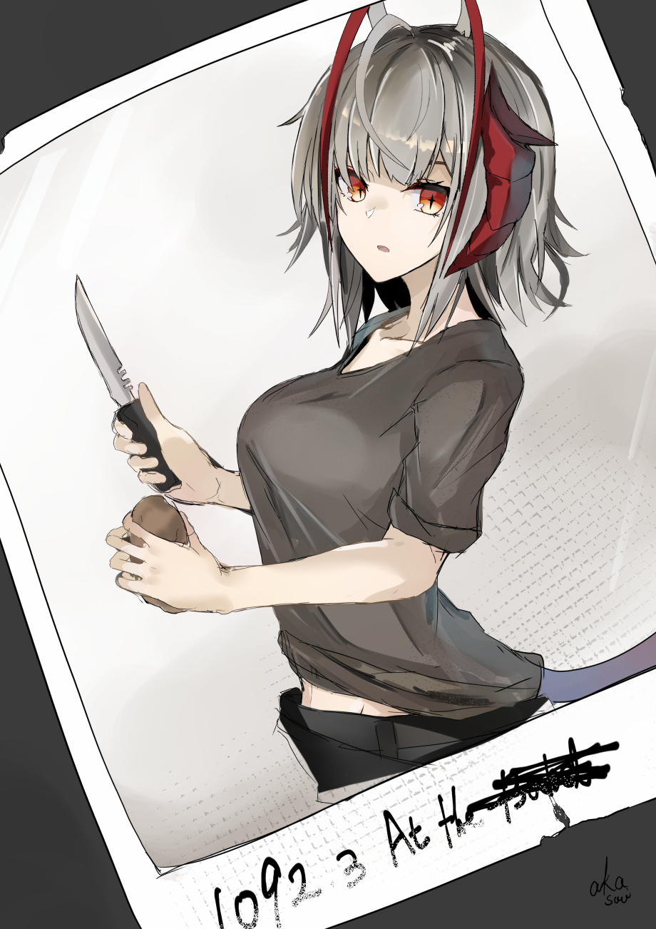 +_+ 1girl :o akasabi antenna_hair arknights breasts brown_shirt demon_girl demon_horns demon_tail food highres holding holding_food holding_knife horns knife large_breasts looking_at_viewer multicolored_hair official_alternate_costume parted_lips photo_(object) potato red_eyes redhead shirt short_hair short_sleeves signature silver_hair solo tail two-tone_hair w_(arknights) w_(fugue)_(arknights)