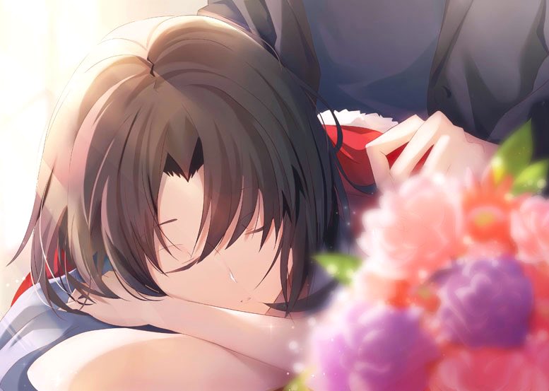 1girl bangs black_jacket blue_kimono bouquet brown_hair covering_with_clothes flower hair_between_eyes jacket japanese_clothes kara_no_kyoukai kimono kokutou_mikiya kwhr_a leather leather_jacket open_mouth parted_lips red_jacket ryougi_shiki short_hair simple_background sleeping white_background