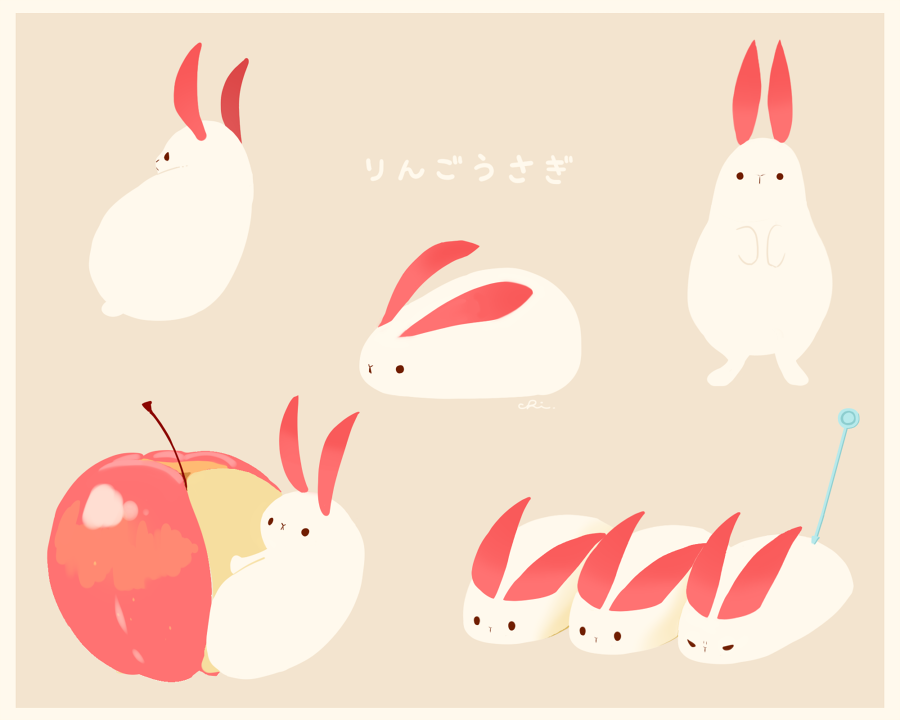 apple apple_bunny apple_slice chai_(drawingchisanne) commentary_request food food_art fruit looking_at_viewer no_humans original rabbit signature simple_background standing translation_request undersized_animal