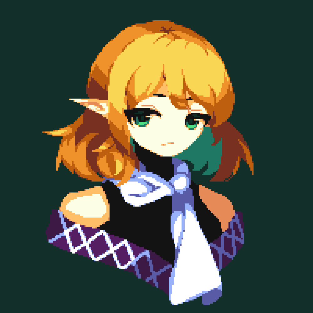 1girl 4qw5 bangs bare_shoulders blonde_hair closed_mouth cropped_torso eyes_visible_through_hair green_background green_eyes looking_at_viewer mizuhashi_parsee pixel_art pointy_ears scarf short_hair simple_background solo touhou white_scarf