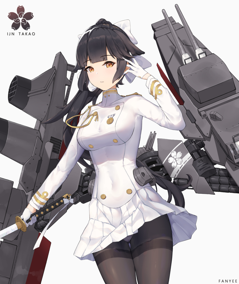 1girl artillery azur_lane black_hair black_legwear bow breasts buttons double-breasted gloves hair_bow half_gloves holding holding_sword holding_weapon jacket long_hair looking_at_viewer medal medium_breasts military military_uniform miniskirt naval_uniform panties panties_under_pantyhose pantyhose pleated_skirt ponytail rigging sakura_empire_(emblem) simple_background skirt solo standing sword takao_(azur_lane) thighband_pantyhose turret underwear uniform weapon white_background white_bow white_gloves white_jacket white_skirt wuyi_p