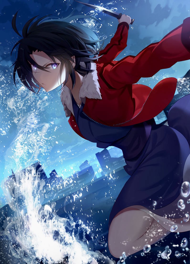 1girl bangs blue_eyes blue_kimono brown_hair building city cityscape hair_between_eyes holding holding_weapon jacket japanese_clothes kara_no_kyoukai kimono knife kwhr_a leather leather_jacket long_sleeves looking_at_viewer open_mouth red_jacket ryougi_shiki short_hair sky solo water weapon