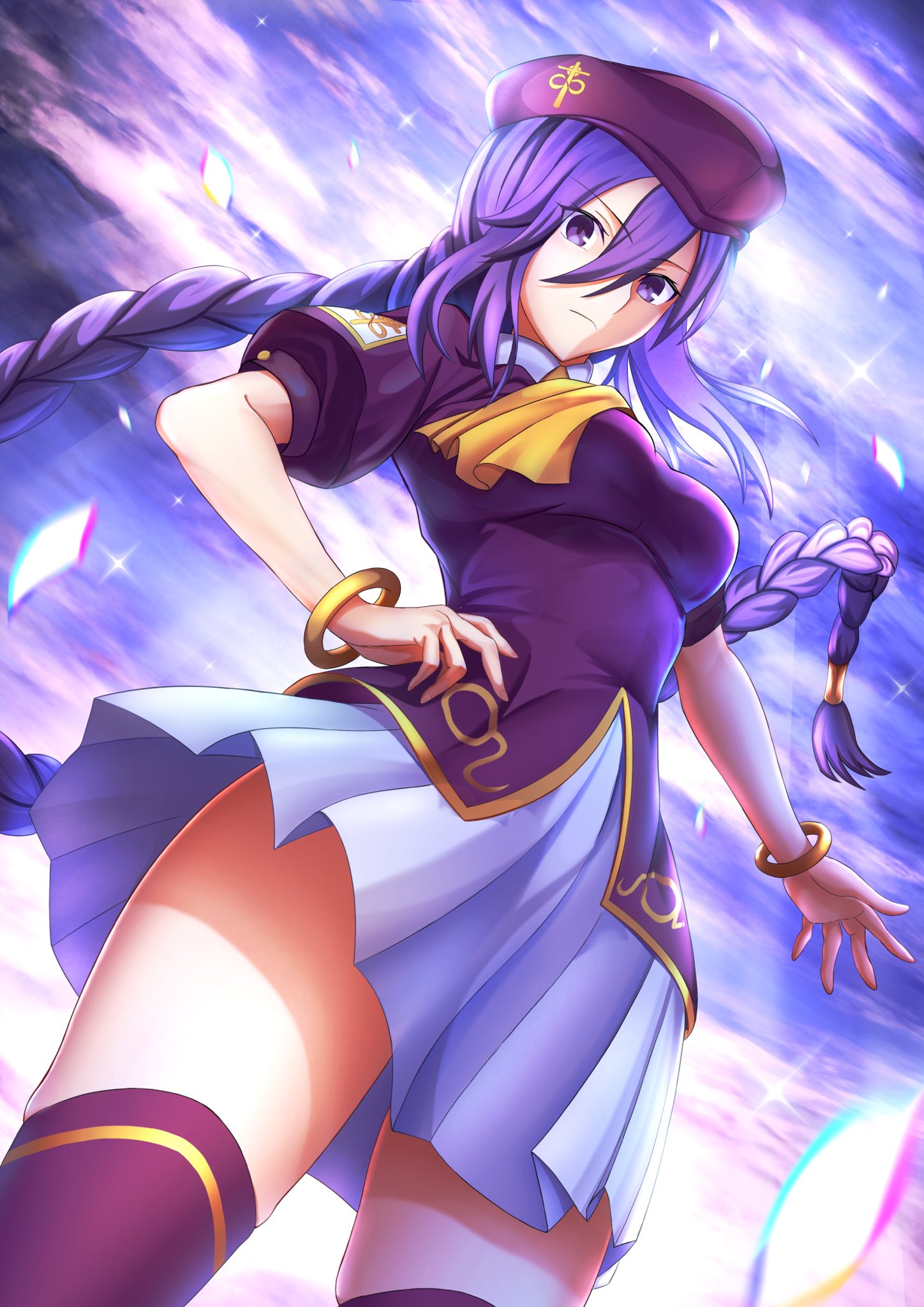 1girl ascot bangs bracelet braid breasts closed_mouth commentary_request eyebrows_visible_through_hair hair_between_eyes hand_on_hip harukey hat highres jewelry long_hair looking_at_viewer medium_breasts melty_blood pleated_skirt purple_hair purple_headwear purple_shirt shirt short_sleeves single_braid sion_eltnam_atlasia skirt solo thigh-highs tsukihime very_long_hair violet_eyes white_skirt yellow_ascot