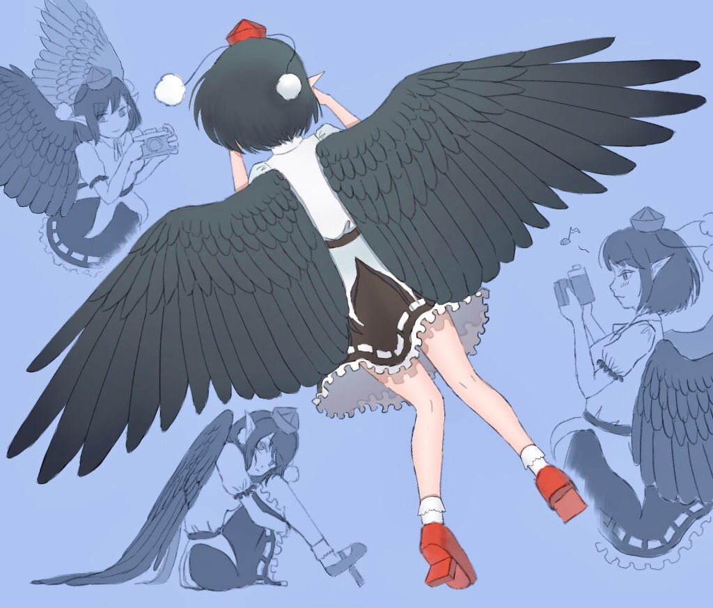 belt bird_wings black_hair black_skirt black_wings bobby_socks brown_belt camera channel_ikihaji commentary_request feathered_wings flying frilled_skirt frills geta hat holding holding_camera hugging_own_legs light_blue_background multiple_views puffy_short_sleeves puffy_sleeves red_footwear red_headwear shameimaru_aya shirt short_hair short_sleeves skirt socks tengu-geta tokin_hat touhou white_legwear white_shirt wings