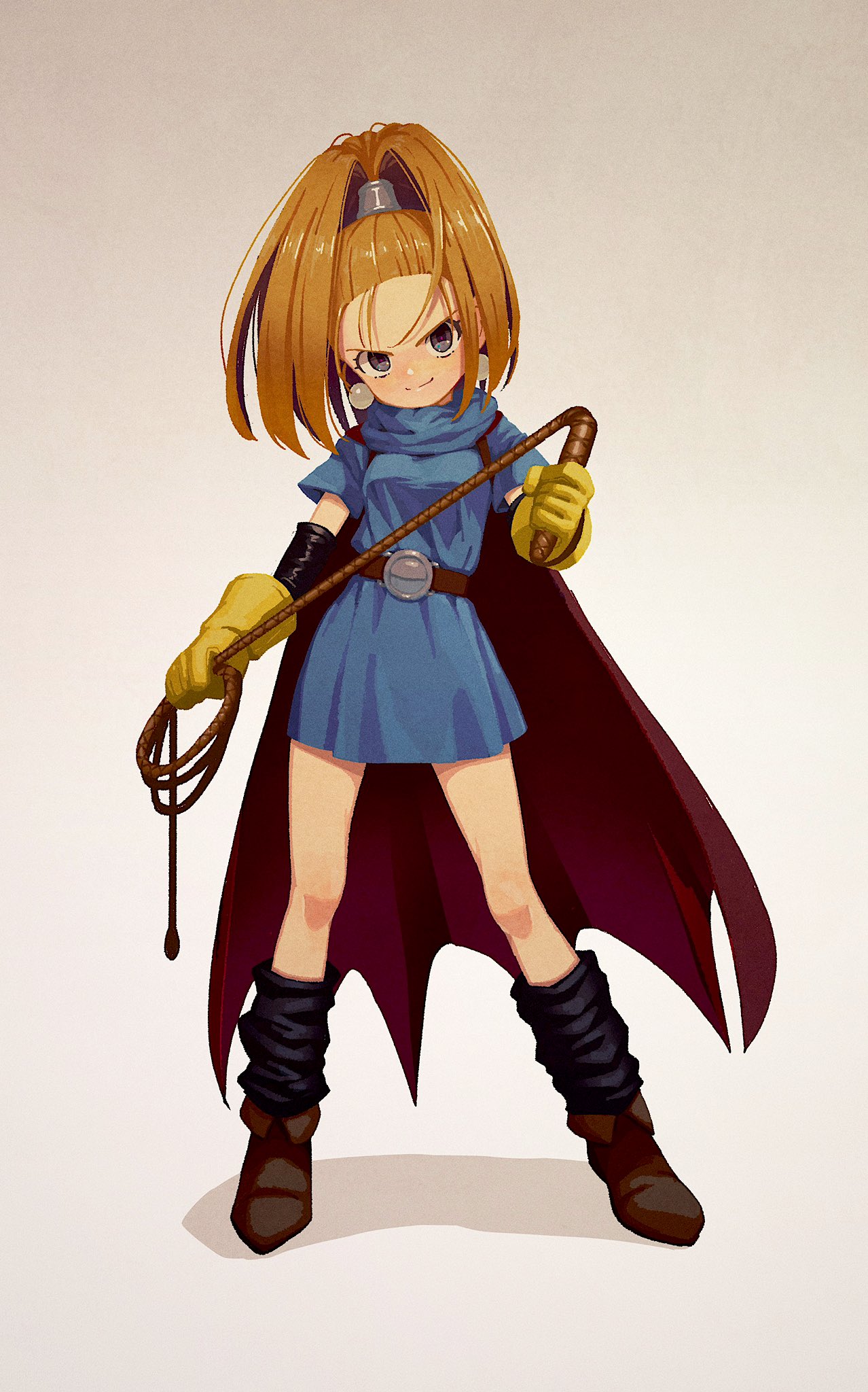 1girl barbara_(dq6) belt black_eyes black_footwear blue_dress boots cape dragon_quest dragon_quest_vi dress earrings full_body gloves gradient gradient_background high_ponytail highres holding holding_whip jewelry kunitarou-art shadow smile solo standing whip yellow_gloves