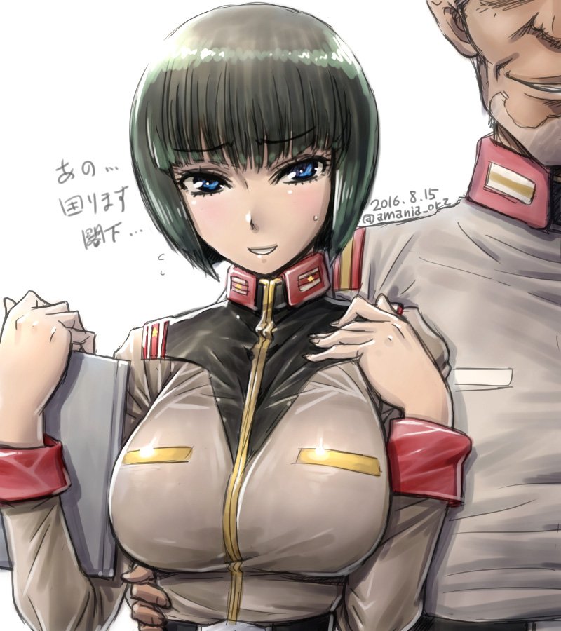 1boy 1girl amania_orz black_hair blue_eyes blush breasts dated gundam hand_on_another's_hip large_breasts looking_at_viewer military military_uniform mobile_suit_gundam original short_hair simple_background smile sweatdrop twitter_username uniform white_background