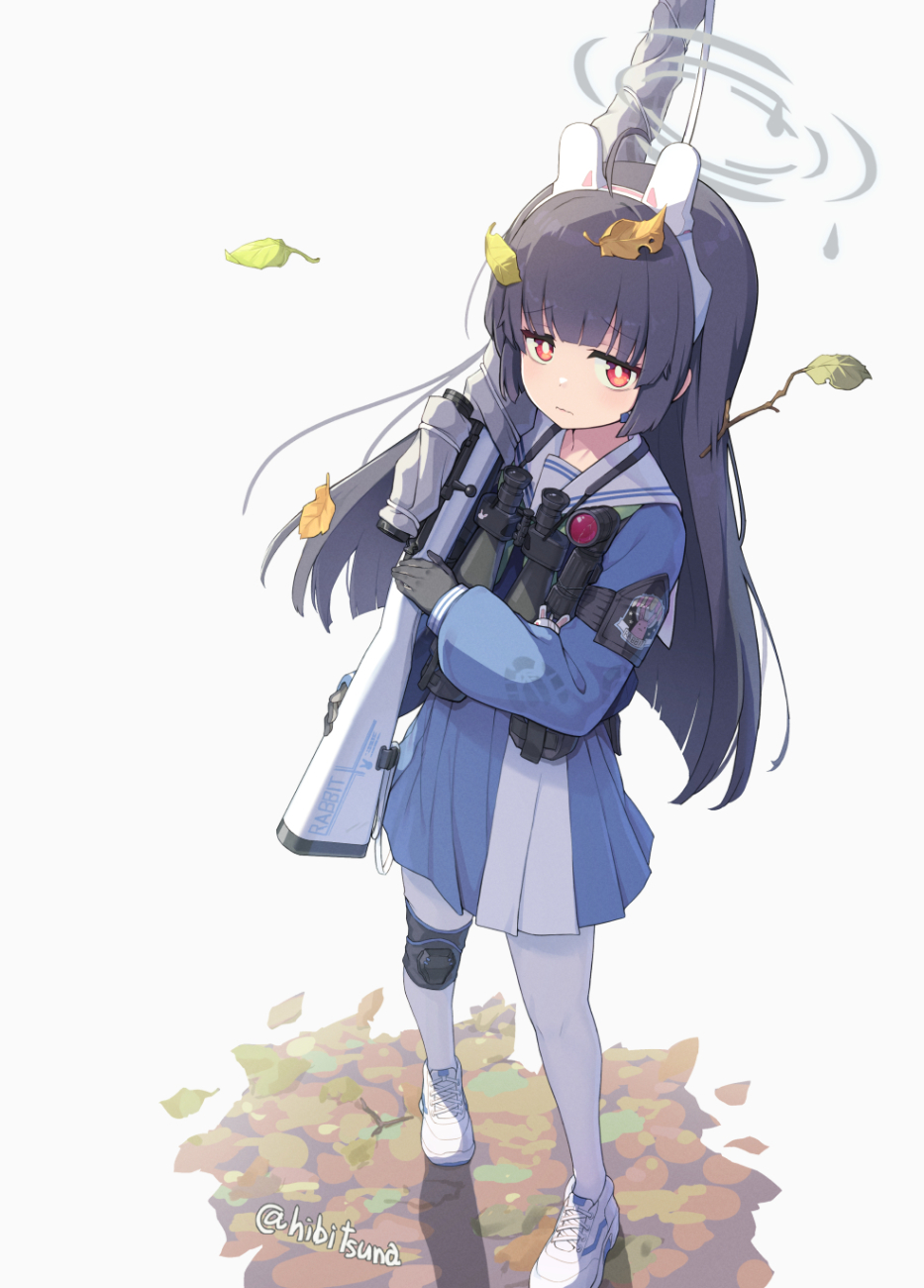 1girl ammunition_pouch belt binoculars black_gloves black_hair blue_archive bolt_action flashlight full_body gloves gun halo hibi_tsuna highres knee_pads leaf long_hair miniskirt miyu_(blue_archive) pantyhose pouch rifle school_uniform scope serafuku shoes simple_background single_knee_pad skirt sling sniper_rifle solo utility_belt weapon white_background white_legwear