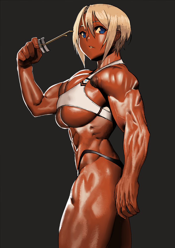 1girl abs arm_up biceps black_background blonde_hair blue_eyes borrowed_character breasts cessa covered_nipples cowboy_shot dark-skinned_female dark_background dark_skin large_breasts light_brown_hair looking_at_viewer muscular muscular_female original parted_lips sela_(23) short_hair simple_background solo veins veiny_arms