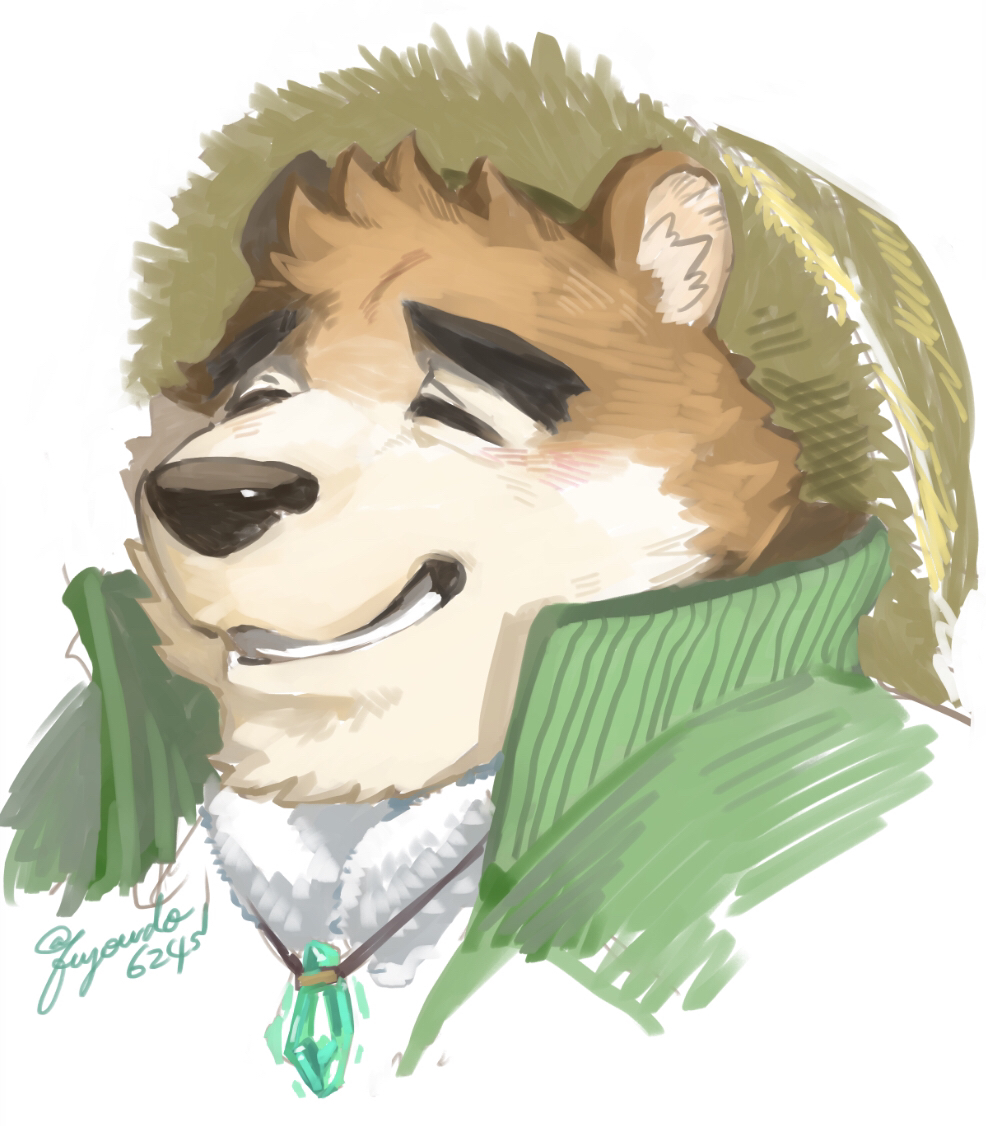 1boy animal_ears animal_nose bear_boy bear_ears blush brown_fur close-up closed_eyes face forked_eyebrows furry furry_male fuyodo green_jacket hat jacket jewelry male_focus necklace portrait signature smile snout solo straw_hat thick_eyebrows tokyo_afterschool_summoners towel towel_around_neck volos_(housamo) white_background