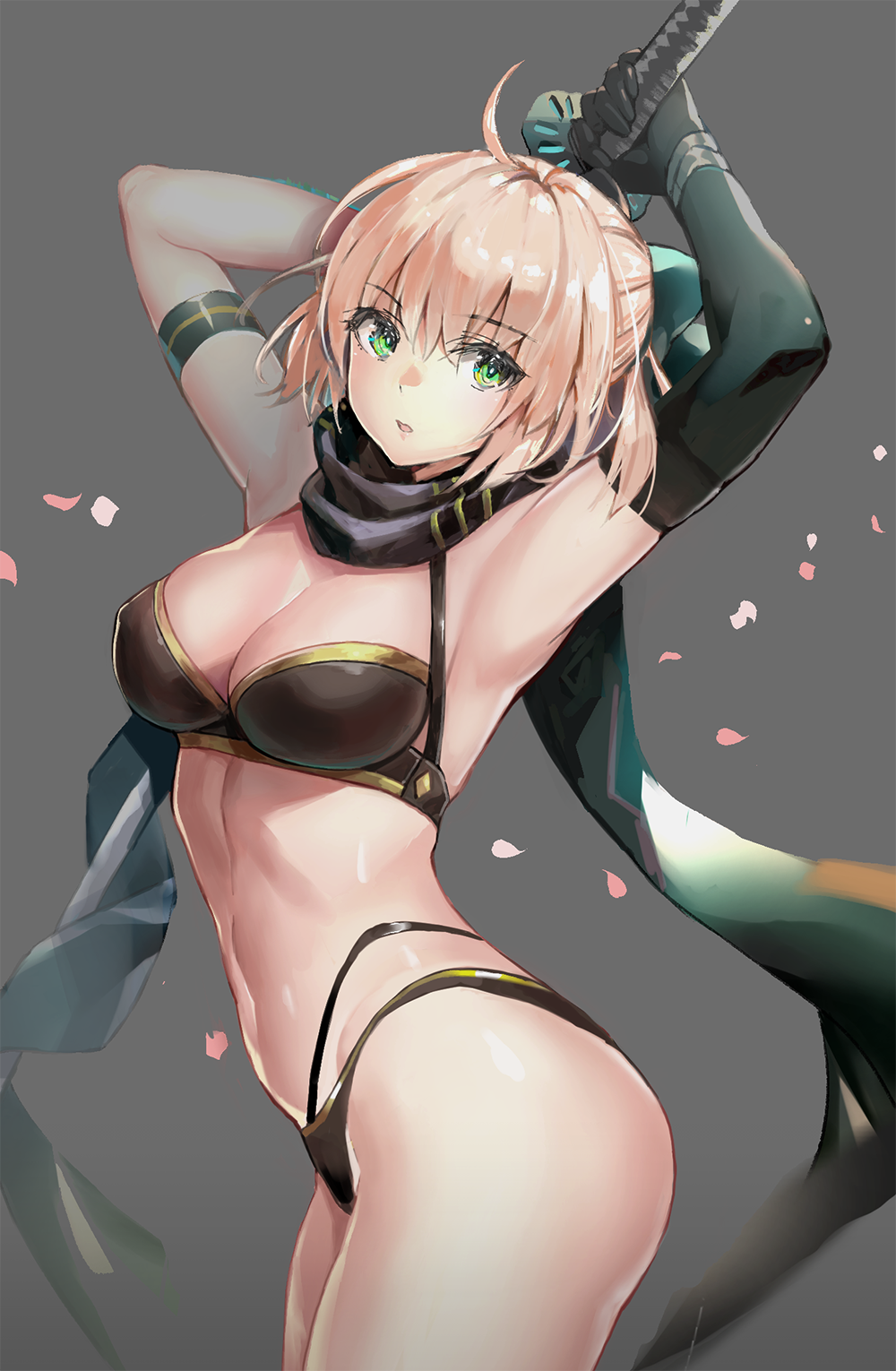 1girl ahoge armpits arms_up bikini black_bikini breasts elbow_gloves eyebrows_visible_through_hair fate/grand_order fate_(series) gloves grey_background highres holding holding_sword holding_weapon katana medium_breasts okita_j._souji_(fate) okita_j._souji_(first_ascension)_(fate) okita_souji_(fate) petals scarf single_elbow_glove suishougensou swimsuit sword weapon