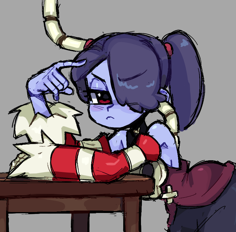 colored_skin detached_sleeves dress mercysstrap one_eye_covered red_eyes side_ponytail simple_background skull skullgirls squigly_(skullgirls) table zombie