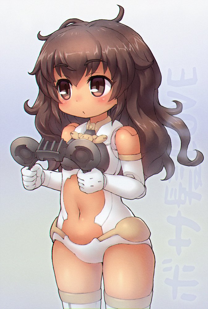 1girl 30_minutes_sisters breasts brown_eyes brown_hair center_opening character_request doll_joints elbow_gloves eyebrows eyebrows_visible_through_hair gloves headgear headgear_removed joints leotard long_hair messy_hair navel sankuma small_breasts solo thigh-highs thighs white_gloves white_legwear white_leotard