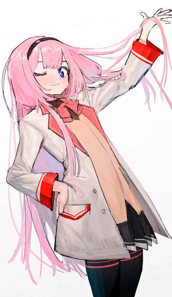 1girl arm_up bangs black_hairband black_legwear black_skirt blush bow bowtie cardigan closed_mouth coat haaksik hair_between_eyes hairband hand_in_own_hair hand_in_pocket long_hair long_sleeves looking_at_viewer nijisanji one_eye_closed pantyhose pink_bow pink_bowtie pleated_skirt simple_background skirt solo suo_sango symbol-shaped_pupils thigh-highs very_long_hair virtual_youtuber white_background white_coat