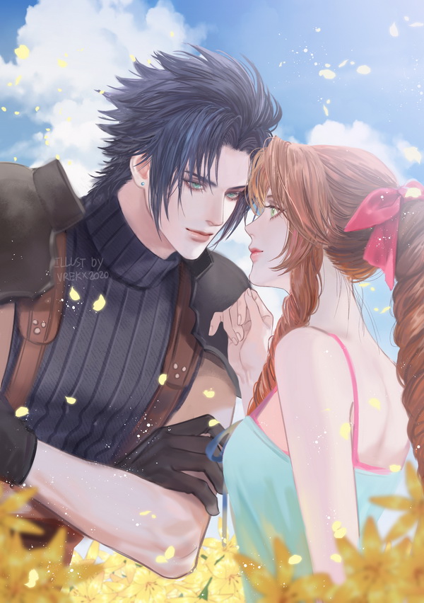 1boy 1girl aerith_gainsborough armor bare_shoulders black_gloves black_hair blue_eyes blurry blurry_foreground braid braided_ponytail brown_hair clouds cloudy_sky couple crisis_core_final_fantasy_vii dress earrings final_fantasy final_fantasy_vii flower gloves green_eyes hair_ribbon jewelry long_hair looking_at_another petals ribbon shoulder_armor sky sleeveless sleeveless_dress sleeveless_turtleneck suspenders turtleneck vrekx_x white_dress zack_fair