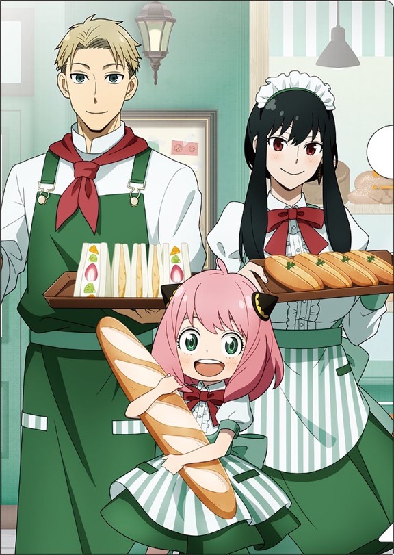 1boy 2girls alternate_costume anya_(spy_x_family) apron bangs black_hair blonde_hair blue_eyes blush bread breasts child dress food green_eyes hair_ornament hairband holding jewelry large_breasts long_hair looking_at_viewer maid_headdress multiple_girls official_alternate_costume official_art pink_hair red_eyes sandwich shirt short_hair sidelocks smile spy_x_family twilight_(spy_x_family) yor_briar