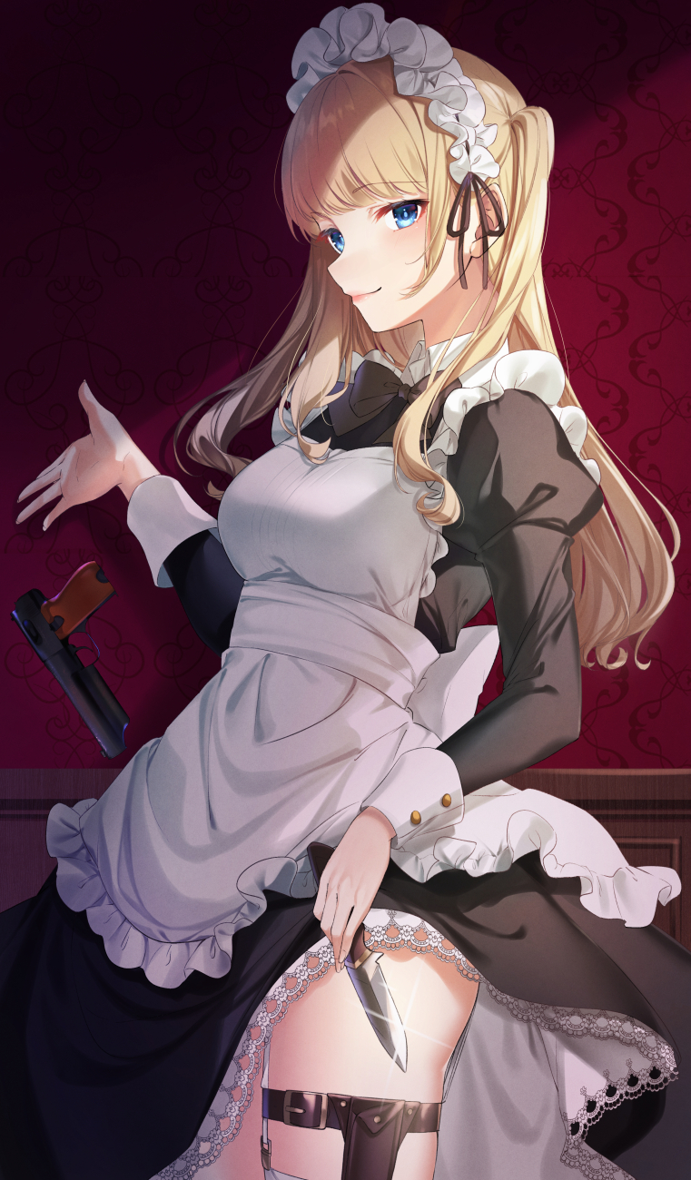 1girl apron bangs bare_legs blonde_hair blue_eyes breasts buttons closed_mouth clothes_lift collared_dress dagger dress dress_lift frilled_apron frilled_sleeves frills garter_straps gun highres holding holding_knife holding_weapon juliet_sleeves knife knife_holster lace_trim large_breasts legband lips long_dress long_hair long_sleeves looking_at_viewer maid maid_headdress narrowed_eyes neck_ribbon original petticoat pinafore_dress puffy_sleeves ribbon rukinya_(nyanko_mogumogu) sleeve_cuffs smile smirk solo thighs twintails weapon