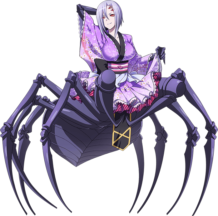 1girl arachne arm_behind_head arthropod_girl artist_request bangs breasts carapace claws extra_eyes full_body hair_between_eyes japanese_clothes kimono large_breasts monster_girl monster_musume_no_iru_nichijou monster_musume_no_iru_nichijou_online multiple_legs obi official_alternate_costume official_art purple_hair purple_kimono rachnera_arachnera red_eyes sash short_hair smile solo spider_girl taur transparent_background