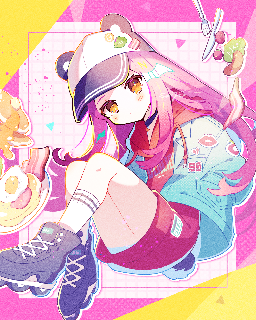 1girl animal_ears bacon baseball_cap bear_ears black_footwear blue_jacket blush blush_stickers border butter commentary dot_mouth fake_animal_ears food fork fried_egg fruit full_body hands_in_pockets hat highres jacket knife lettuce long_hair original pancake pancake_stack pink_background pink_hair pink_shirt pink_shorts plate roller_skates saijo1201 sausage shirt shorts skates socks strawberry syrup two-tone_background white_legwear yellow_background yellow_eyes