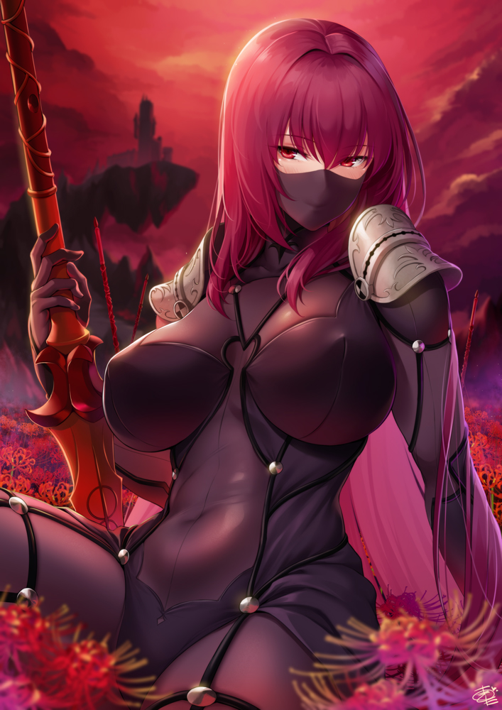 1girl armor bangs bodysuit breasts covered_navel fate/grand_order fate_(series) field flower flower_field gae_bolg_(fate) hair_between_eyes large_breasts long_hair looking_at_viewer mask mouth_mask okitakung pauldrons polearm purple_bodysuit purple_hair red_eyes red_sky scathach_(fate) shoulder_armor sky solo spear spider_lily thighs weapon