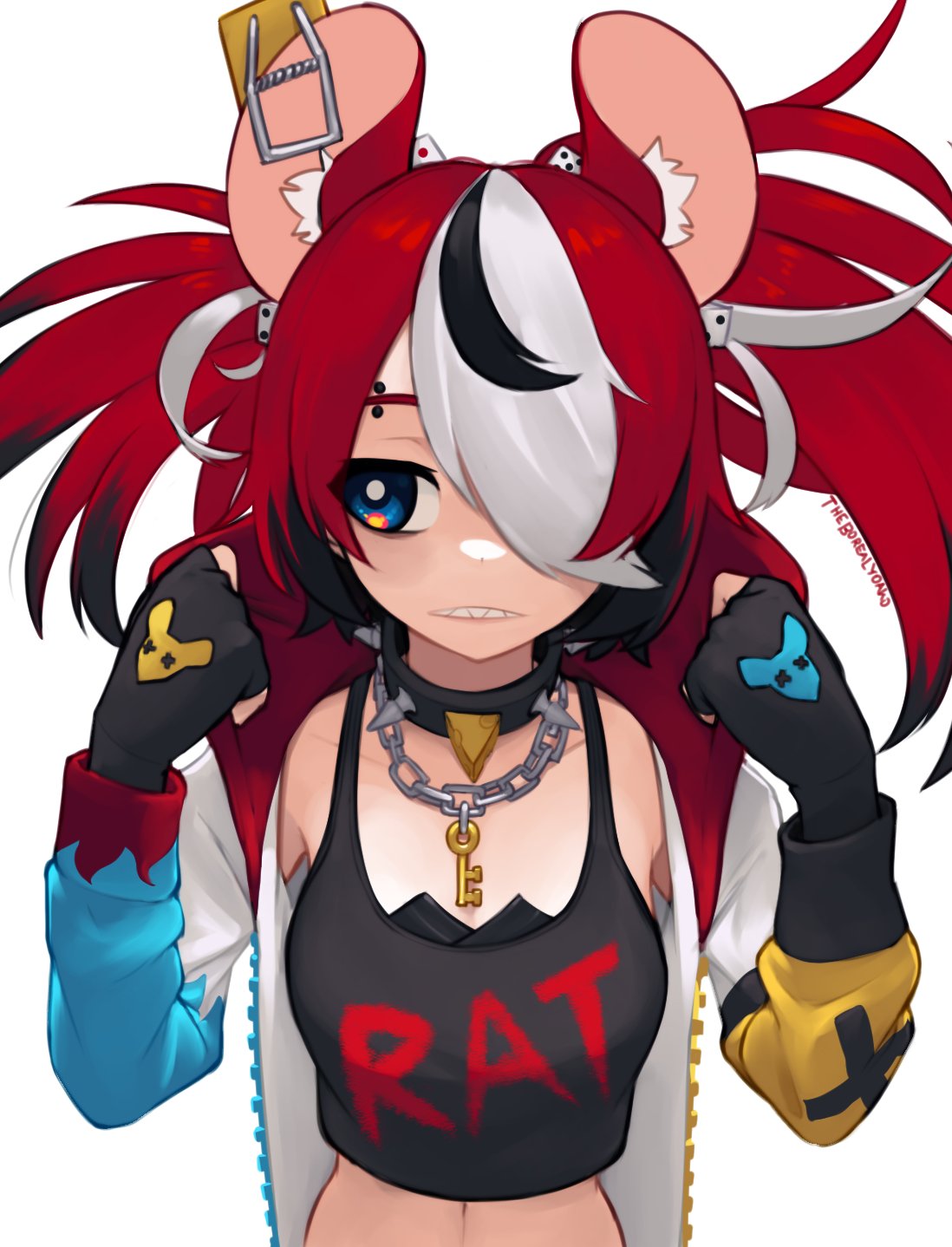 1girl animal_ear_fluff animal_ears bangs black_collar black_hair black_tank_top blue_eyes breasts chain collar dice_hair_ornament english_commentary eyebrow_piercing eyebrows_behind_hair frown hair_ornament hair_over_one_eye hakos_baelz highres hololive hololive_english hood hoodie key medium_breasts mouse_ears mouse_girl one_eye_covered piercing redhead sharp_teeth solo spiked_collar spikes tank_top teeth virtual_youtuber white_background white_hair white_hoodie yoako