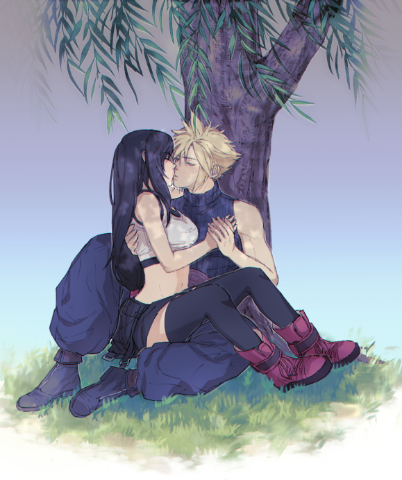 1boy 1girl bare_arms bare_shoulders black_footwear black_hair black_legwear black_skirt blonde_hair boots breasts closed_eyes cloud_strife couple crop_top final_fantasy final_fantasy_vii final_fantasy_vii_remake full_body grass hand_on_another's_back heart holding_hands kiss large_breasts leaf long_hair low-tied_long_hair midriff navel perlmuttt red_footwear sitting sitting_on_lap sitting_on_person skirt sleeveless sleeveless_turtleneck spiky_hair suspender_skirt suspenders tank_top thigh-highs tifa_lockhart tree turtleneck