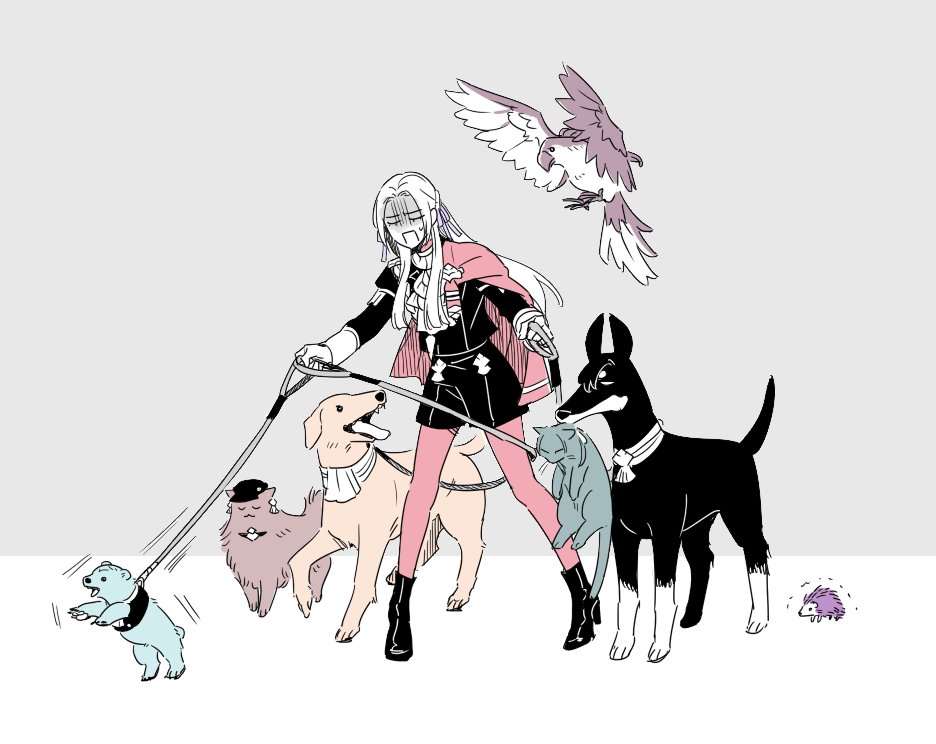 1girl animalization badger bernadetta_von_varley bird caspar_von_bergliez cat dog dog_walking dorothea_arnault edelgard_von_hresvelg ferdinand_von_aegir fire_emblem fire_emblem:_three_houses full_body hat hedgehog hubert_von_vestra leash linhardt_von_hevring long_hair petra_macneary red_legwear shaded_face trembling walking white_hair zattamt