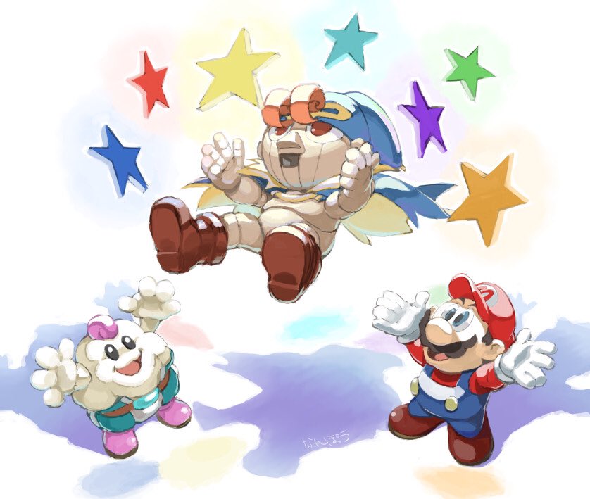 3boys blonde_hair boots cape doll_joints facial_hair geno_(mario) gloves hat joints male_focus mallow_(mario) mario multiple_boys mustache nanpou_(nanpou0021) open_mouth smile star_(symbol) super_mario_rpg