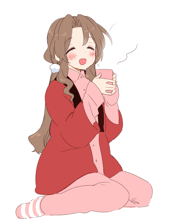 1girl aerith_gainsborough bangs blush casual closed_eyes coat cup final_fantasy final_fantasy_vii full_body holding holding_cup kneeling krudears low_ponytail open_mouth pajamas pants parted_bangs pink_pajamas pink_pants pink_shirt red_coat shirt sidelocks smile steam striped striped_legwear wavy_hair white_background