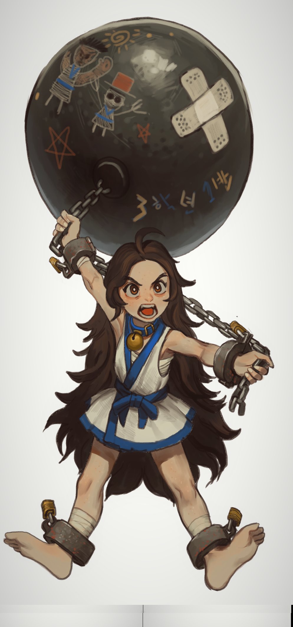 1girl ahoge ankle_cuffs ball_and_chain_(weapon) barefoot bell belt_collar bright_pupils brown_eyes brown_hair chang_koehan chest_sarashi child child_drawing collar crossed_bandaids highres holding holding_weapon huge_weapon jingle_bell jumping long_hair mossacannibalis neck_bell open_mouth pretty_chang sarashi simple_background solo the_king_of_fighters the_king_of_fighters_all-stars very_long_hair weapon white_background white_pupils