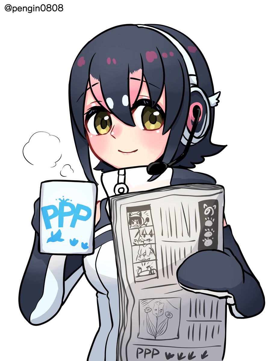 1girl animal_costume black_hair cup gloves headphones highres humboldt_penguin_(kemono_friends) kemono_friends kemono_friends_v_project looking_at_viewer multicolored_hair newspaper pengin0808 penguin_costume shirt short_hair simple_background smile solo tail virtual_youtuber white_background