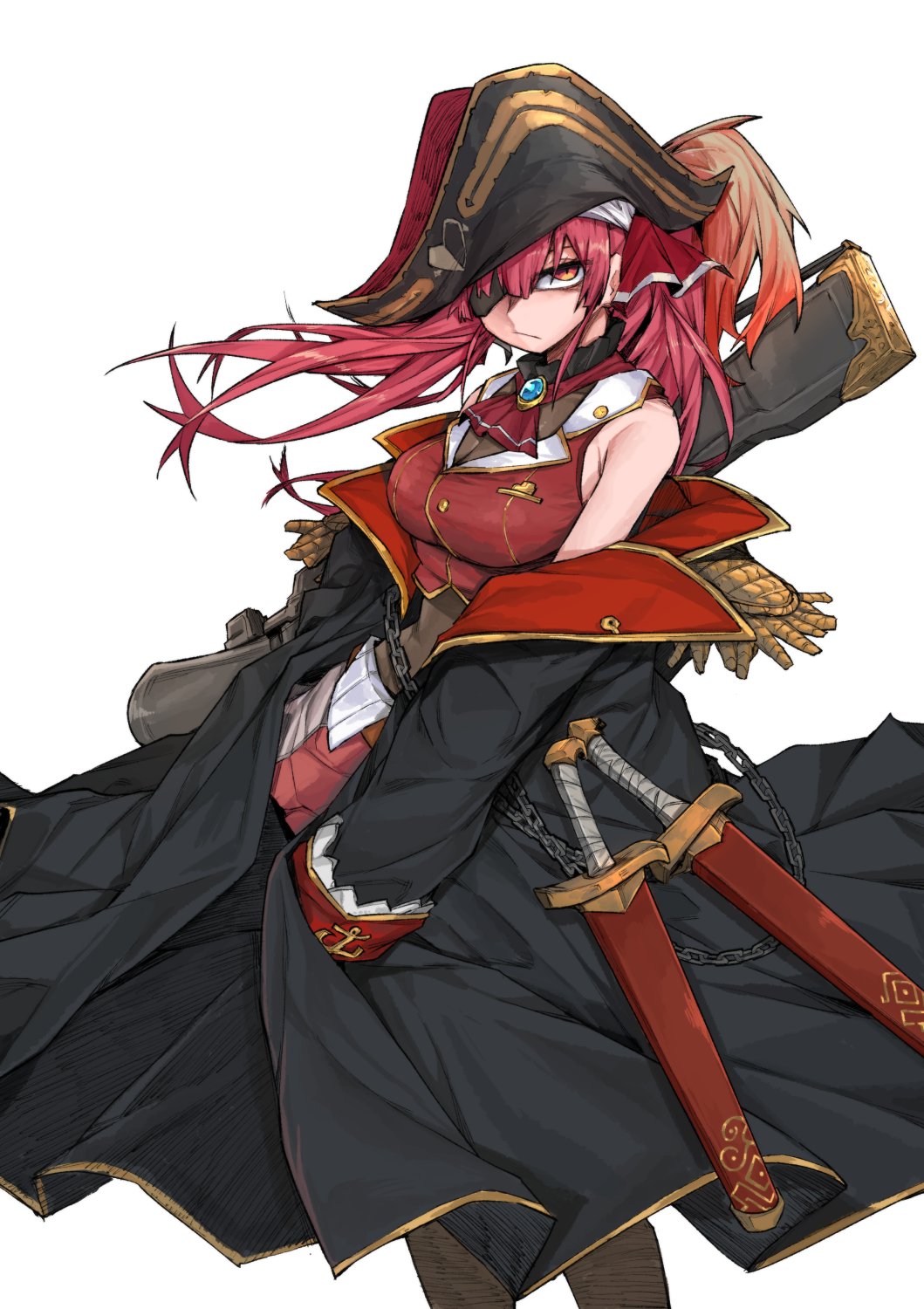 &gt;:( 1girl ascot bicorne black_coat black_headwear bow breasts closed_mouth coat cropped_jacket frown gold_trim hair_bow hair_ribbon hat highres hololive houshou_marine large_breasts long_hair looking_at_viewer pirate pirate_hat red_ascot red_eyes red_ribbon redhead ribbon serious sleeveless sleeveless_jacket solo standing sword takoongyi twintails v-shaped_eyebrows very_long_hair virtual_youtuber weapon