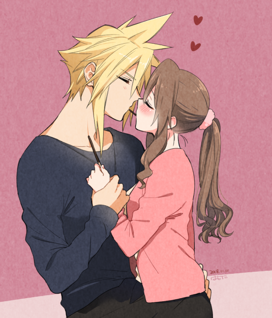 1boy 1girl aerith_gainsborough black_pants black_skirt blonde_hair blush brown_hair casual closed_eyes cloud_strife final_fantasy final_fantasy_vii food grey_shirt hand_on_another's_hip heart holding_another's_wrist krudears pants pink_background pink_shirt pocky pocky_kiss ponytail scrunchie shirt sidelocks skirt spiky_hair upper_body