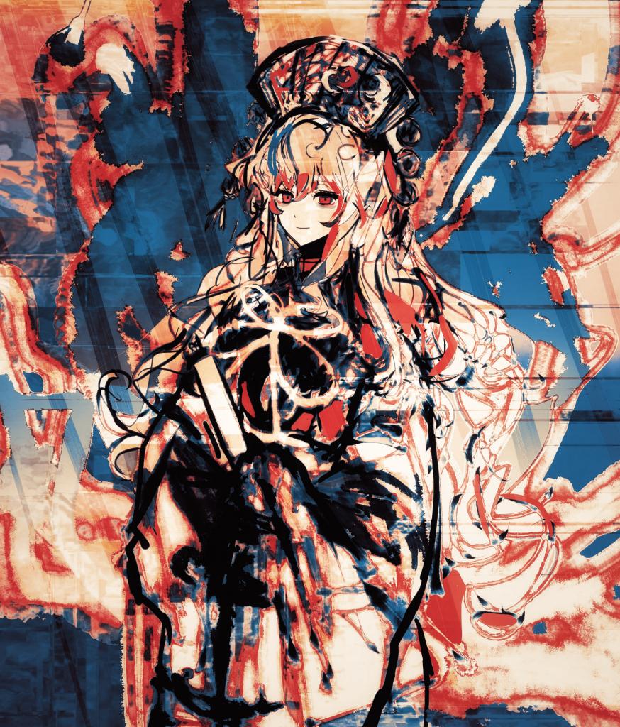 1girl abstract bangs blonde_hair chinese_clothes crescent junko_(touhou) long_hair long_sleeves looking_at_viewer on_(_l0_) phoenix_crown red_eyes smile solo tabard touhou wide_sleeves